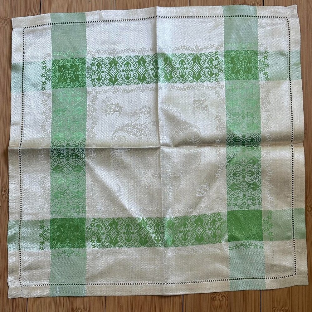 Set of 5 Vintage Green & Ivory Linen Damask Square Napkins - 14.5 in